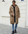 Macro detail of the plush faux fur texture and hood on this warm men's long coat - S / Brown