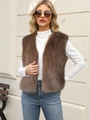 Detailed texture of fluffy dark brown faux fur vest worn over a white turtleneck sweater - Dark Khaki