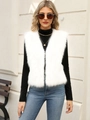 Chic white faux fur vest with deep V-neck worn by a model in an outdoor fashion setting - S / White