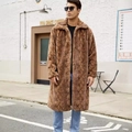 Brown faux fur long coat for men with stylish animal print pattern and lapel collar - S / Snake Print