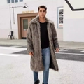 Men's stylish faux fur overcoat in taupe gray with a plush lapel collar and long fit - S / Grey Brown