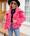 Close-up of fluffy rose red faux fur coat showing soft plush texture and large lapel detail - S / Rose Red