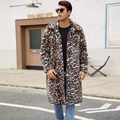 Men's long faux fur coat with bold leopard print and a classic lapel collar - S / Brown Leopard Print