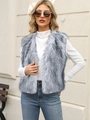 Close-up of grey faux fur vest texture styled with a white turtleneck and gold necklace - S / White Mixed