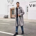 Men's long faux fur coat in grey with a stylish lapel collar and winter plush texture - S / Gray