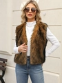 Detail of fluffy brown faux fur vest texture paired with a white turtleneck and denim - S / Yellow-threaded