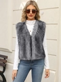 Detail of grey faux fur vest texture with long fluffy hair and stylish V-neck cut - Gray-threaded
