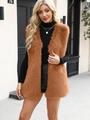 Chic women's brown faux fur vest with V-neck sleeveless design for autumn fashion wear - Camel