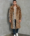 Close-up detail of leopard print faux fur texture and lapel design on men long coat - S / Leopard Print