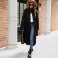 Women's long faux fox fur coat in deep black with elegant stand collar and plush texture - S / Black