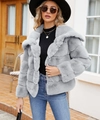 Detailed close-up showing thick grey faux fur texture and lapel collar of the jacket - Gray