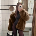Close-up of fluffy leopard print faux fox fur texture and lapel collar of long coat - S / Long Yellow Fur
