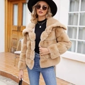 Short khaki faux fur jacket with wide lapels and horizontal faux fur panels for women - Khaki