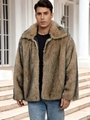 Men's faux fur jacket in brown with black tips, featuring a lapel collar and thick texture - Premium Camel Mixed Fur
