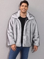 Men's stylish faux fur coat with thick plush collar in grey-white faux mink texture - Premium White Mixed Fur