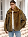 Men's collared faux fur jacket in glossy golden brown faux fur with thick long pile - Premium Yellow Mixed Fur