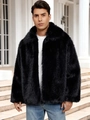 Men's black faux fur short jacket with turn-down collar and fluffy fiber texture - Premium Black