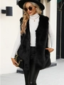 Close-up of the long black faux fur texture on this trendy sleeveless V-neck vest coat - Black