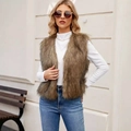 Fashionable brown faux fur vest for women with a V-neck cut and sleeveless design - Long Yellow Fur