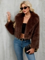Detailed view of dark brown faux fur jacket with lapel collar and plush texture - Brown