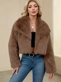 Short brown faux fur jacket with large lapel collar and fluffy texture for women - Dark Khaki