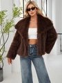 Women's dark brown faux fur jacket with oversized collar for autumn and winter fashion - Coffee