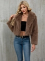 Detail of soft brown faux fur jacket texture and stylish lapel collar on model - Dark Khaki