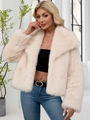 Short faux fur jacket for women in beige with a large lapel and casual styling - Apricot