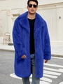 Men's royal blue faux fox fur long coat with large lapel collar for winter warmth - Sapphire Blue