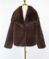 Cappotto corto in finta pelliccia marrone scuro da donna con eleganti ampi revers - XS / caffè