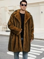 Men's long faux fur coat featuring brown and black striped tiger-like pattern - Yellow-threaded