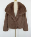 Veste courte en fausse fourrure marron pour femme avec grand revers et texture douce - Khaki Foncé
