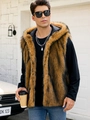 Men's faux fur hooded vest with natural brown and black texture, premium winter outerwear - Yellow-threaded
