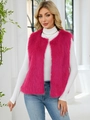 Front view of rose red faux fur vest with deep V-neck and fluffy plush texture - Rose Red