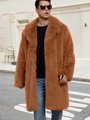 Men's long faux fox fur coat in caramel brown with large lapel and thick texture - Camel