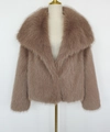 Manteau court pour femme en fausse fourrure kaki foncé avec col à revers large - Khaki Clair