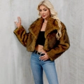 Short faux fur jacket for women in tan with black tiger stripes and lapel collar - S / Yellow-threaded