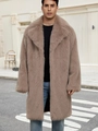 Men's long camel faux fox fur coat with large lapels and fluffy plush texture - Light Khaki