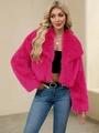 Short faux fur jacket in vibrant hot pink featuring a wide lapel and fluffy texture - Rose Red