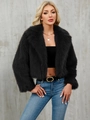 Chaqueta corta de piel sintética negra con textura de felpa y manga larga para invierno - S / Negro