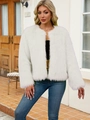 Short faux fur jacket for women in white with a fluffy open-front collarless design - S / White