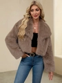 Short faux fur cropped jacket in coffee brown with large lapel for autumn fashion - Light Khaki