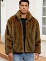 Men's brown faux fox fur jacket with stand collar and metallic zipper closure - S / Yellow-threaded