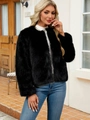 Chic black short faux fur jacket for women with fluffy texture and open front design - S / Black