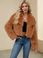 Chic women's short faux fur coat in brown featuring a wide collar and fluffy texture - Camel