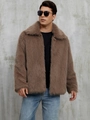 Men's faux fur jacket in brown with wide lapels and soft plush texture - S / Dark Khaki