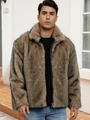 Men's tan faux fox fur jacket with black tips and standing collar for winter - S / Camel-threaded