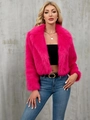 Chic vibrant peach pink faux fur short jacket for women featuring stylish lapel collar - Rose Red