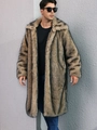 Cappotto lungo da uomo in ecopelliccia a righe marroni e nere con collo a rever - S / Righe Cammello
