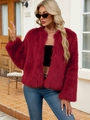Short wine red faux fur jacket for women featuring a fluffy texture and open front design - S / Burgundy